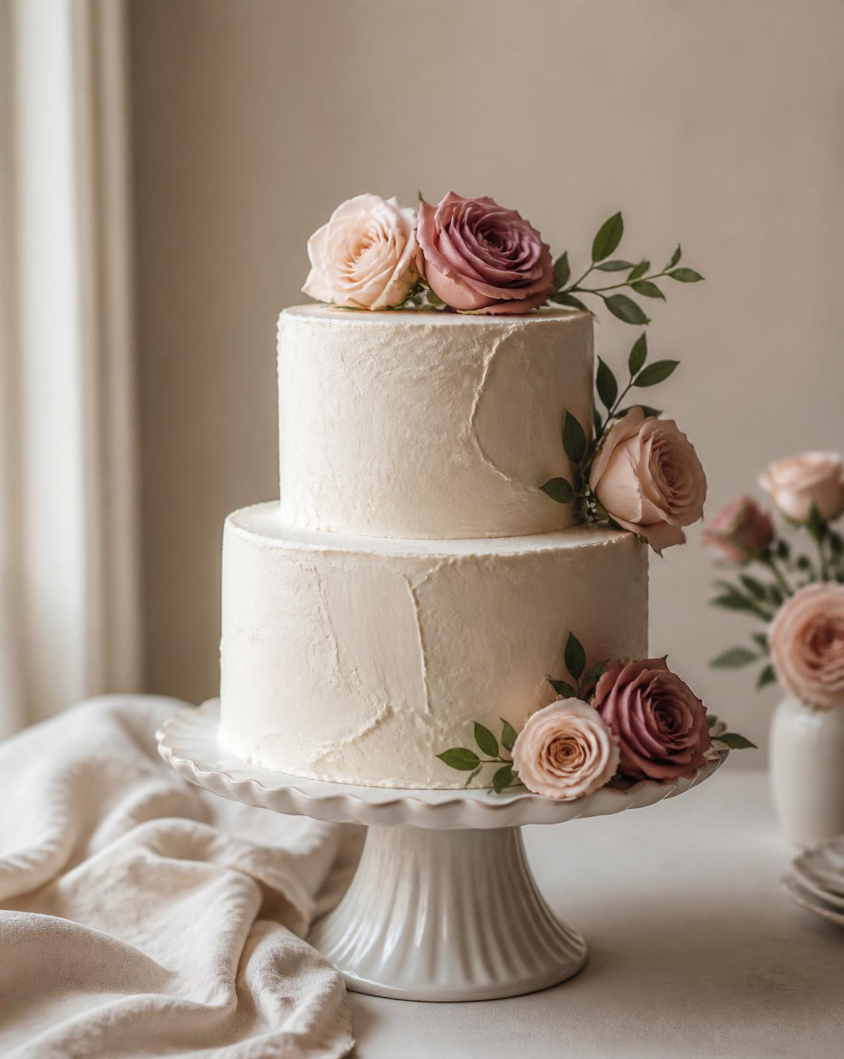 Two-tier ivory buttercream cake with dusty rose and blush garden roses on a cake stand
